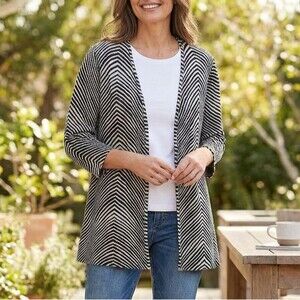 Chico's Size 2 L Black White Chevron Stripe Open Cardigan Coastal Resort Wear